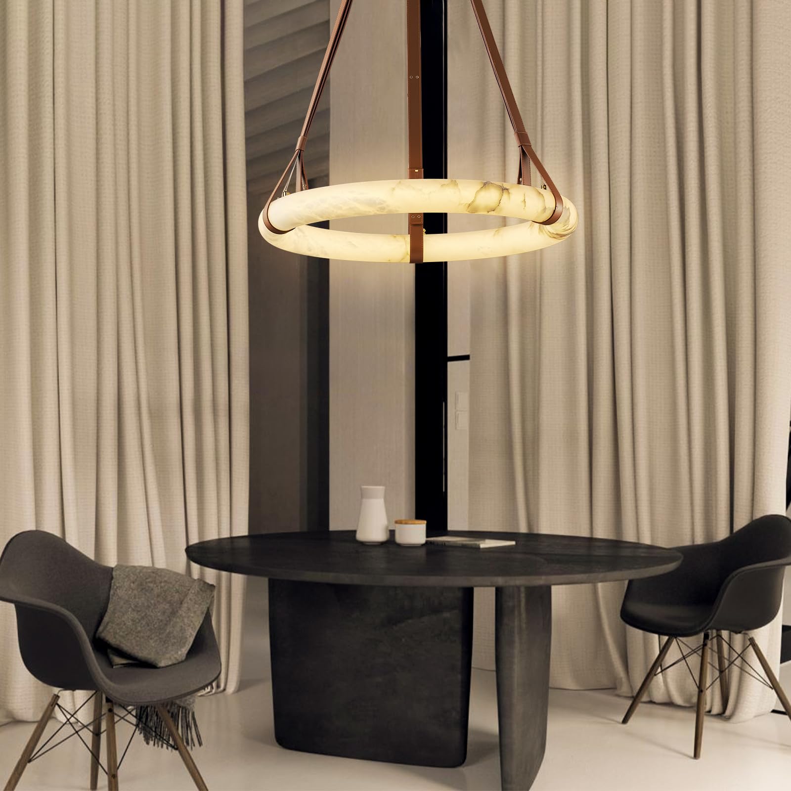 Lixor Alabaster Chandeliers Ring Leather Strap Version A-Neutral Decor