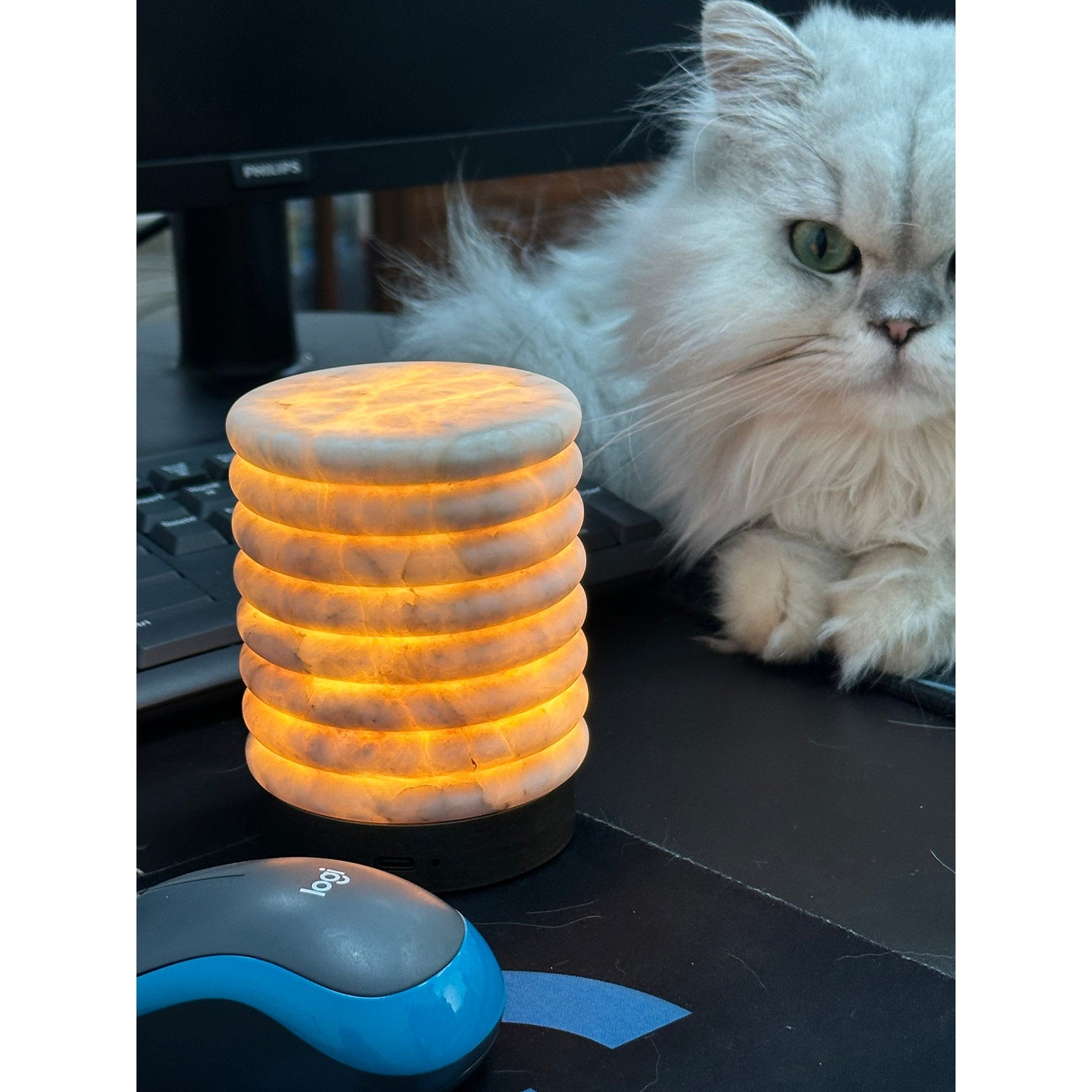 Top-down view of the alabaster table lamp, showing the light source.