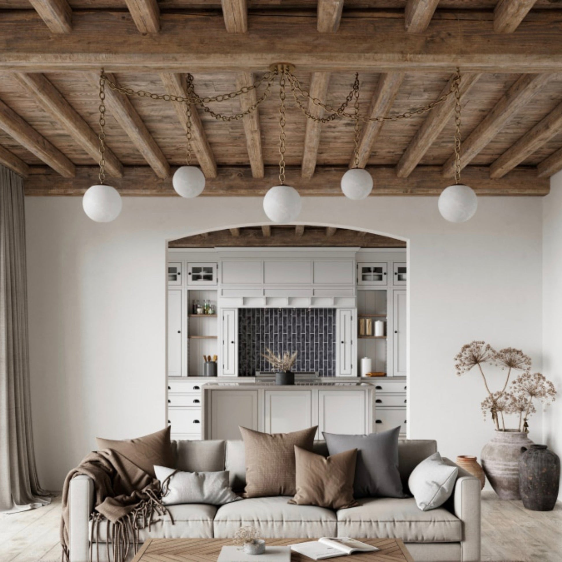 The Alabaster Swag Pendant Lamp with four globes.