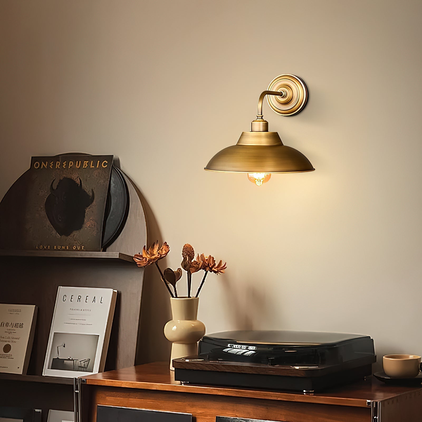 Close-up of the antique brass material on the Aldorno Wall Sconce.