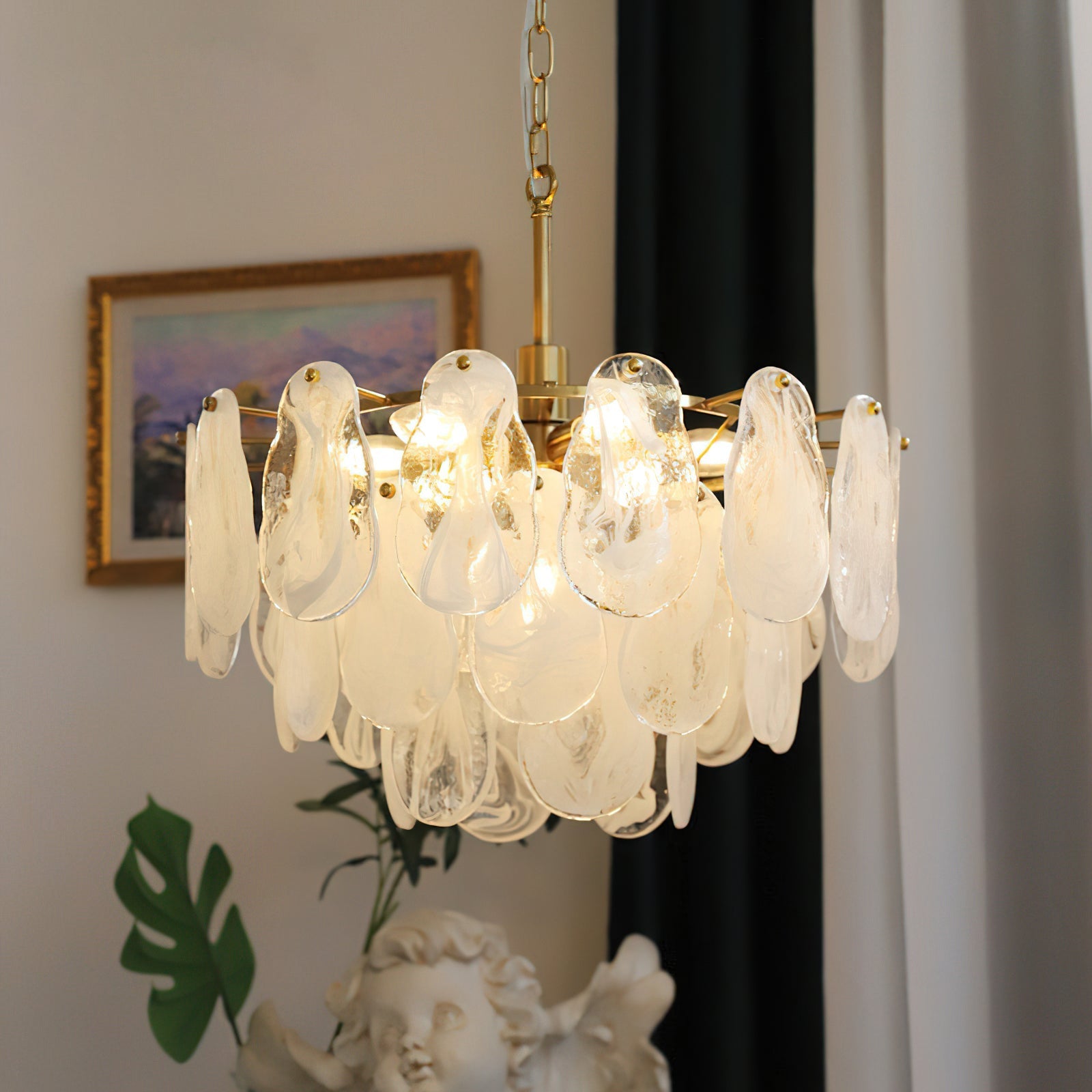 Close-up view of the artisanal, hand-textured glass petals of the Alessia Chandelier.