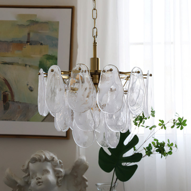 Diagram showing the dimensions of the two available sizes for the Alessia Glass Chandelier.