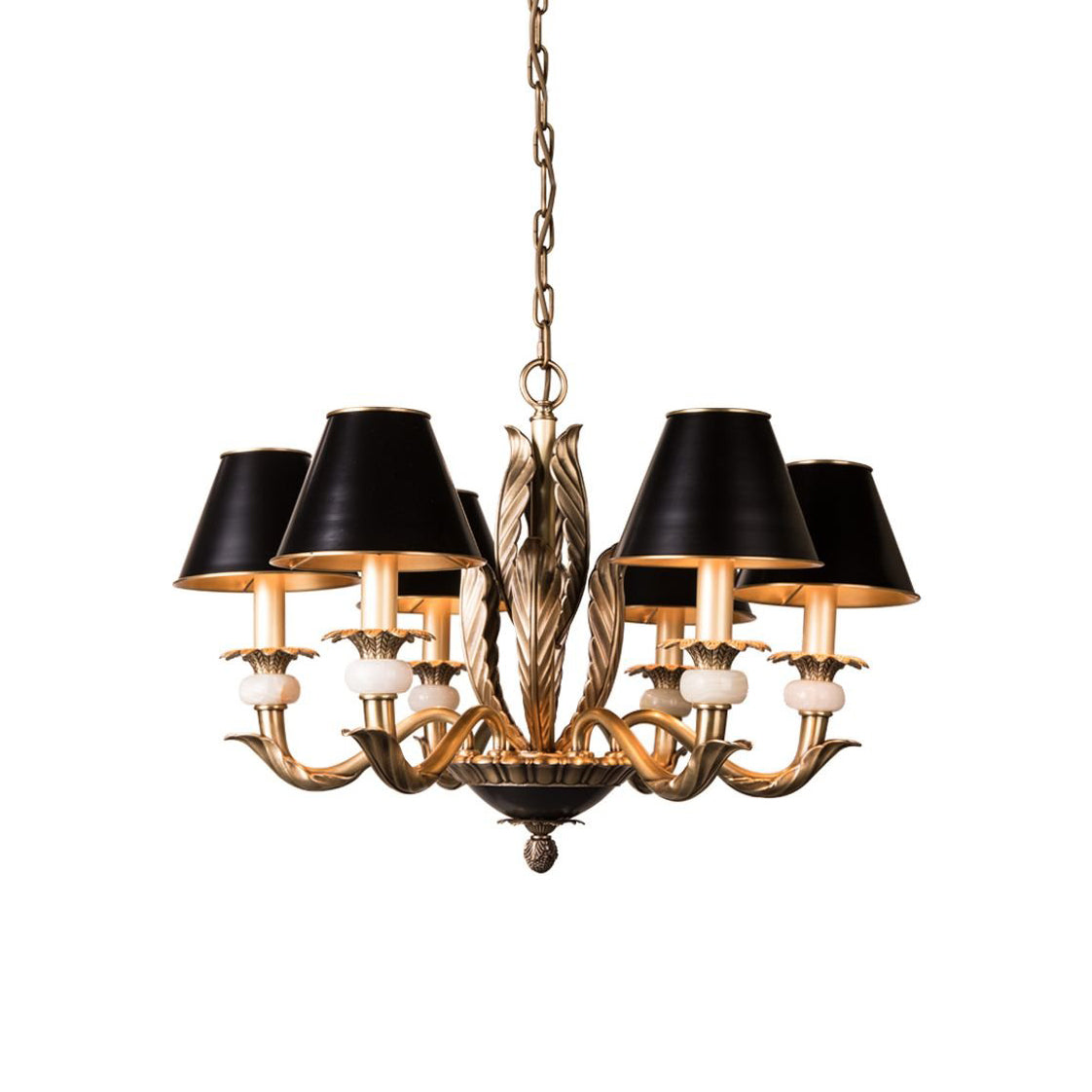 Alicia Chandelier with six black empire shades in a formal dining room.