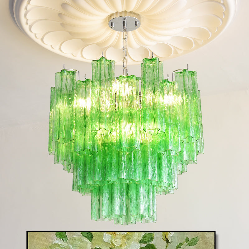 Alistair Chandelier with vibrant Tiffany Blue glass prisms.