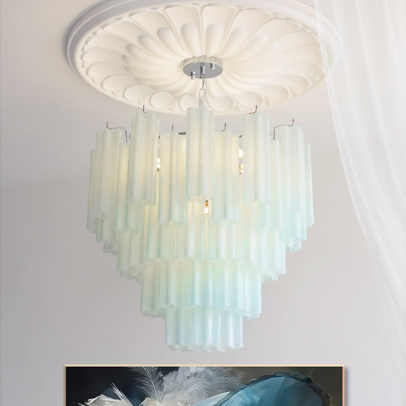 Alistair Chandelier with vibrant Tiffany Blue glass prisms.