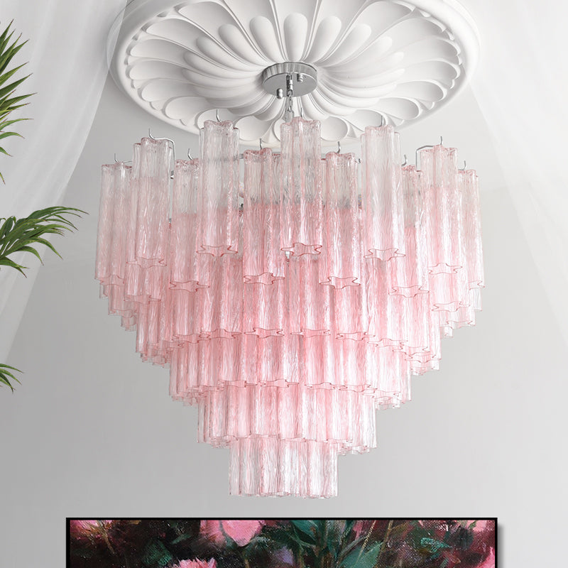 Alistair Chandelier featuring soft Pink glass prisms.