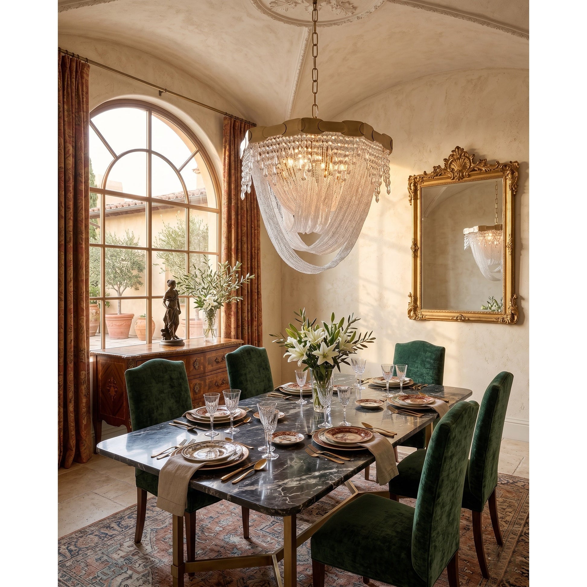 Unlit Almeria Crystal Chandelier showing the stainless steel and crystal materials.
