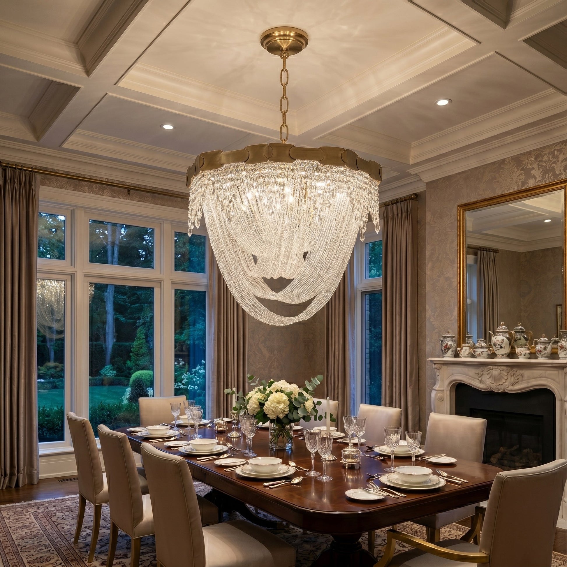 The Almeria Crystal Chandelier illuminated, casting a soft, ethereal glow.