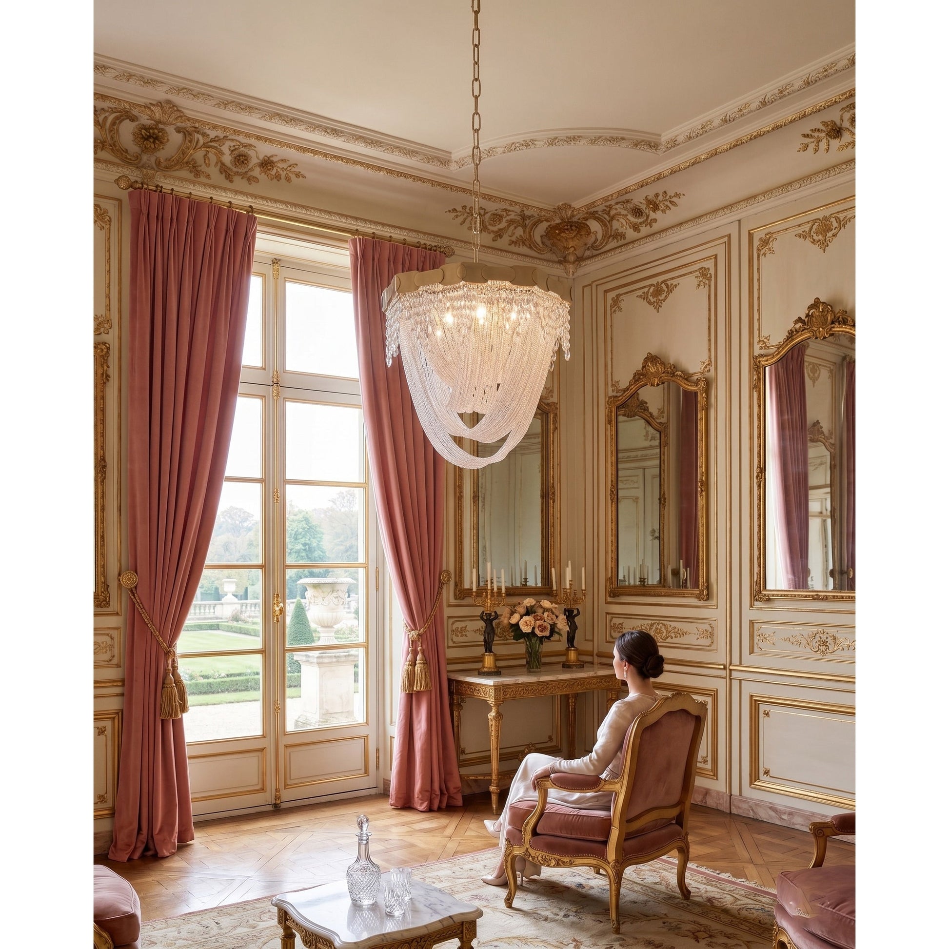 Angled view of the large 13-head Almeria Crystal Chandelier.
