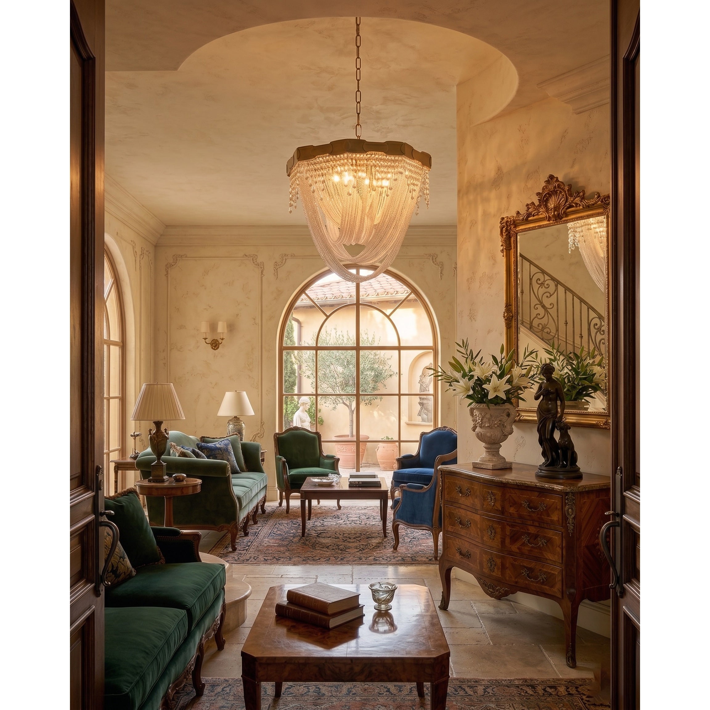 View from below, looking up at the illuminated Almeria Chandelier.