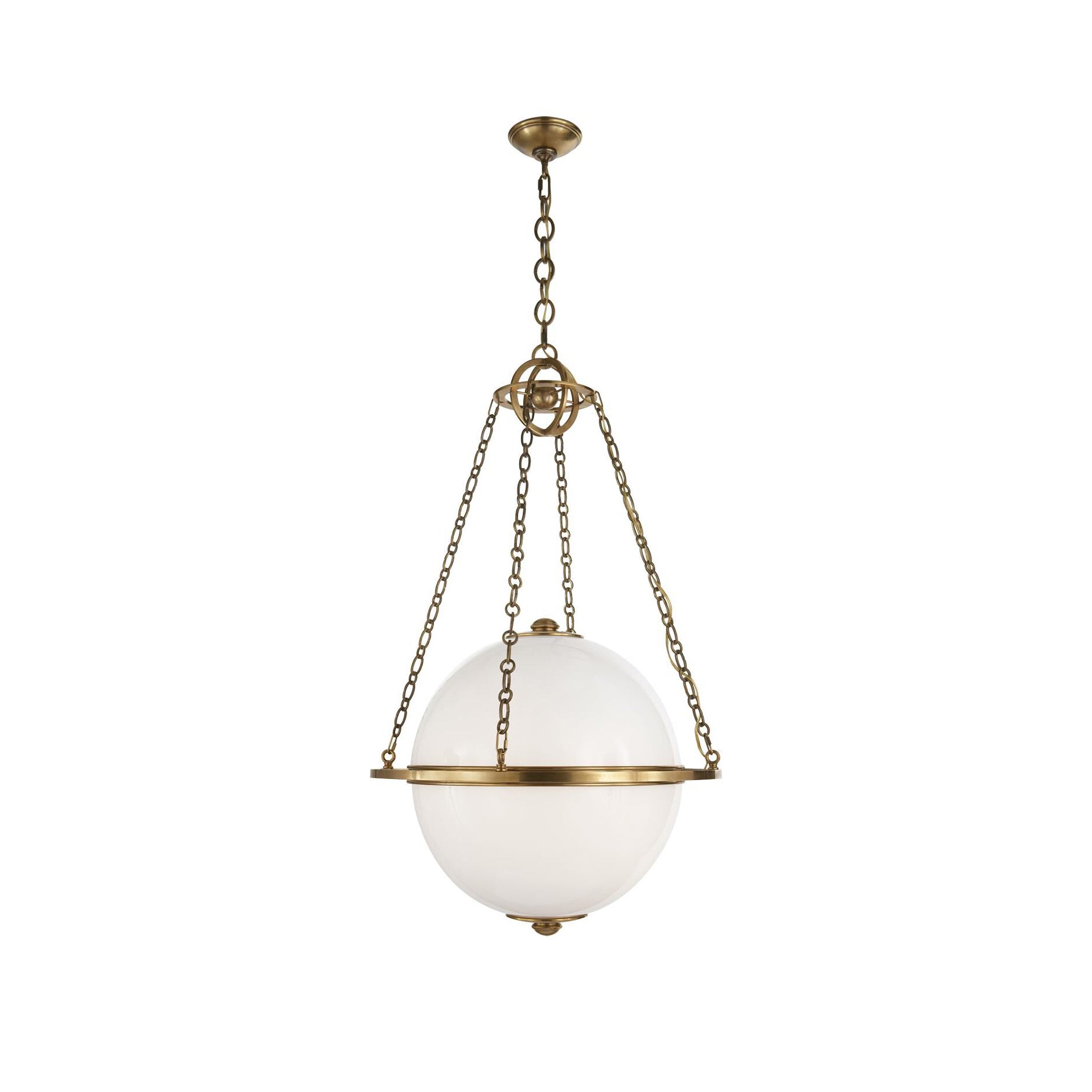 Alora Pendant Lamp with white glass globe and brass accents.