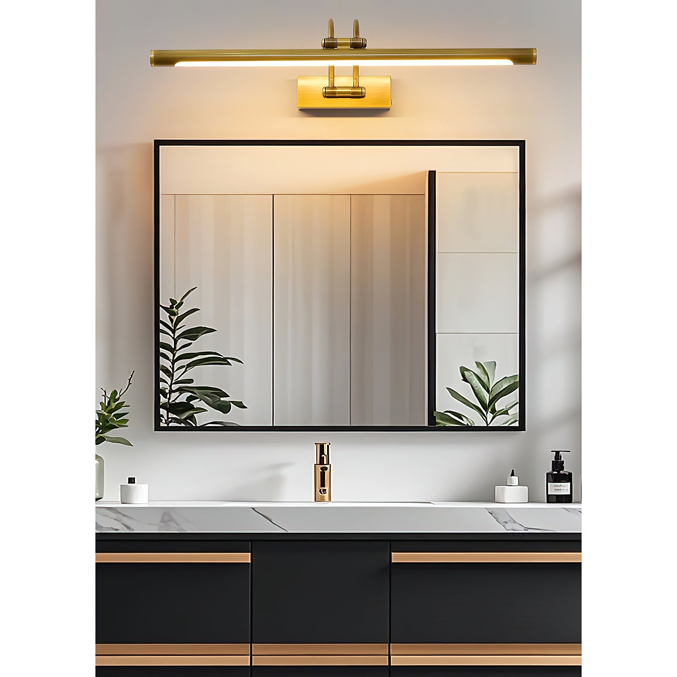 Lifestyle image of the Alton brass lamp over a bookshelf.