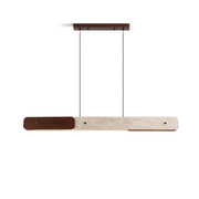Aluet Linear Chandelier in beige travertine and walnut wood, shown from the front.
