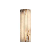 Cylindrical alabaster wall sconce with a brass frame.