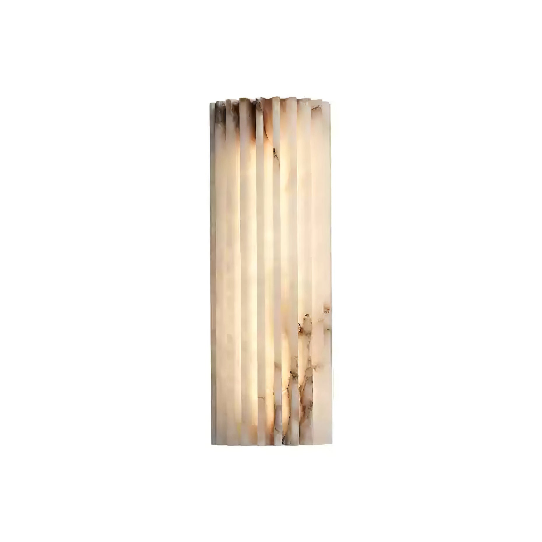 Cylindrical alabaster wall sconce with a brass frame.