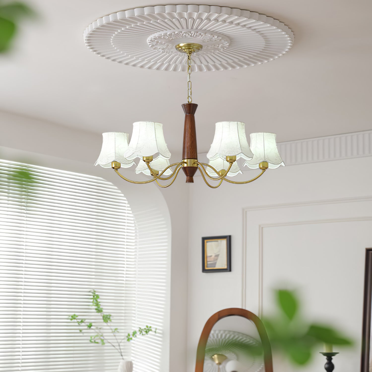 Kaelith Chandelier Brass Fabric Curved Arms-Neutral Decor