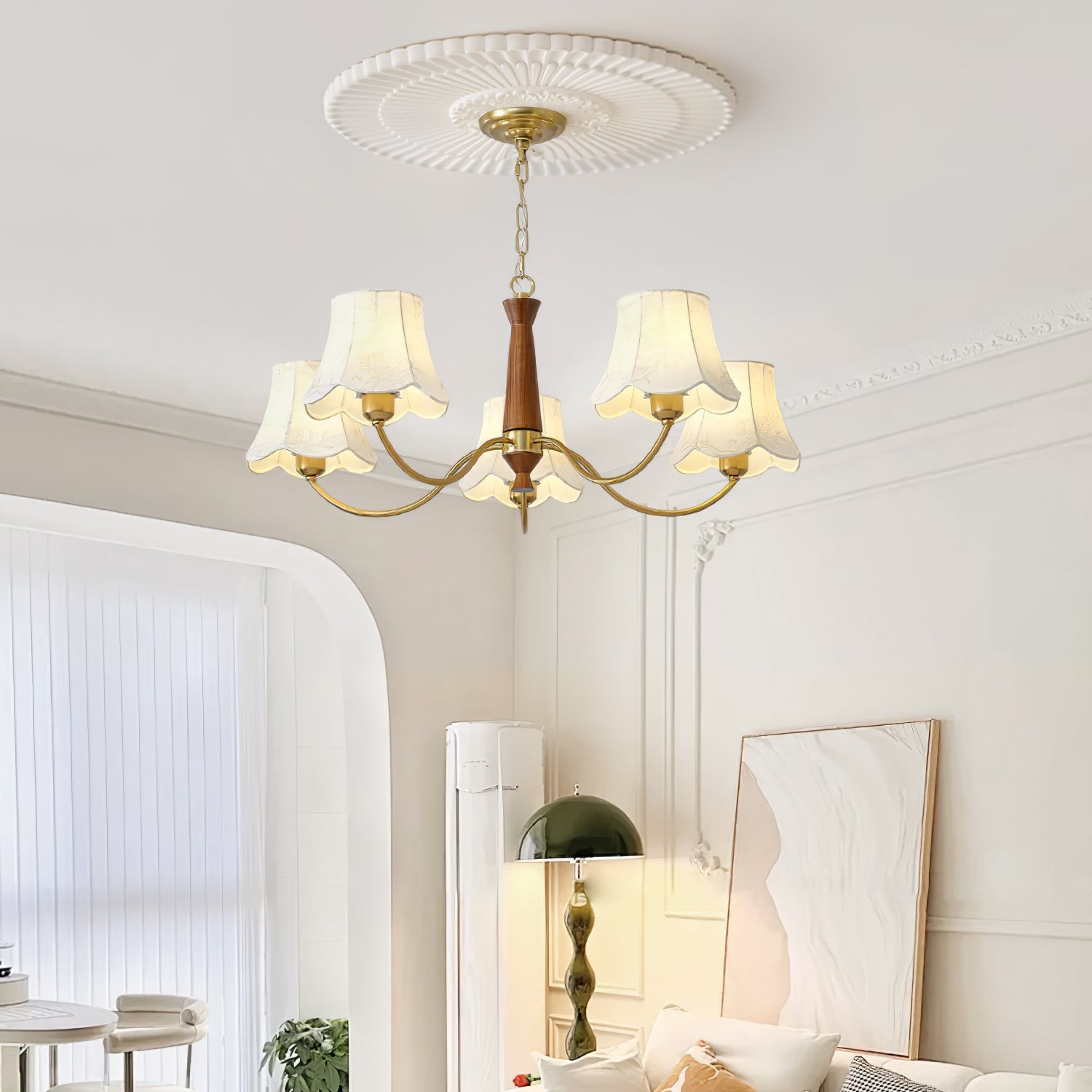 Kaelith Chandelier Brass Fabric Curved Arms-Neutral Decor