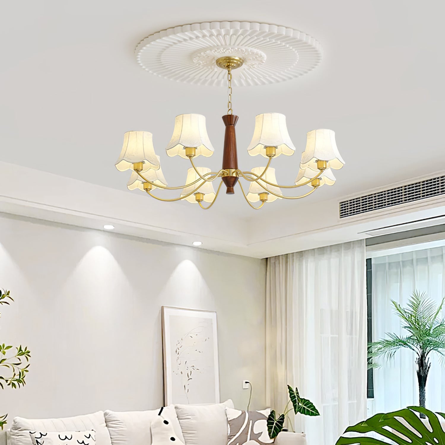 Kaelith Chandelier Brass Fabric Curved Arms-Neutral Decor