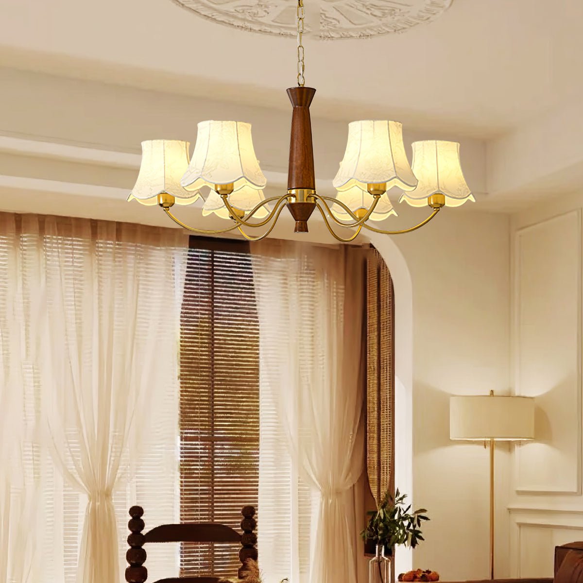 Kaelith Chandelier Brass Fabric Curved Arms-Neutral Decor