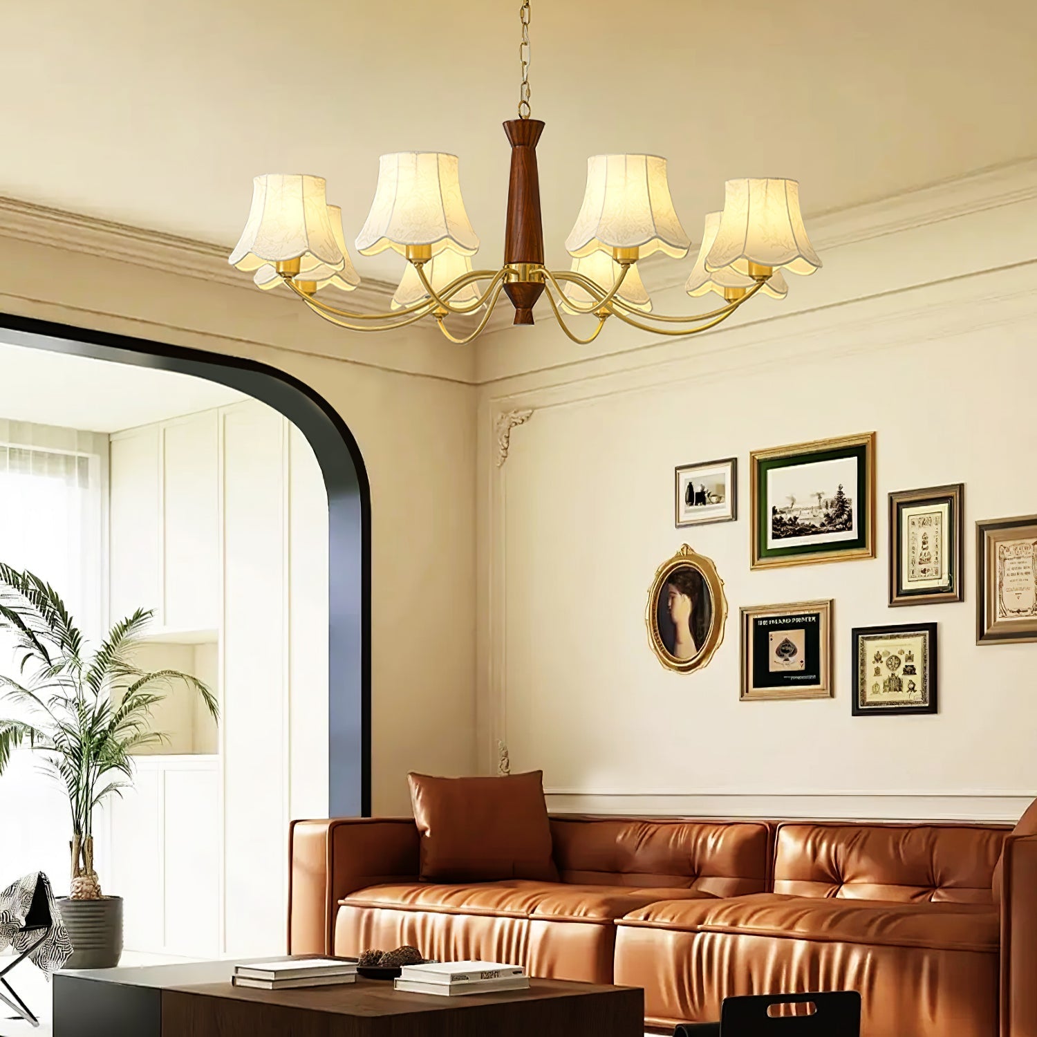 Kaelith Chandelier Brass Fabric Curved Arms-Neutral Decor