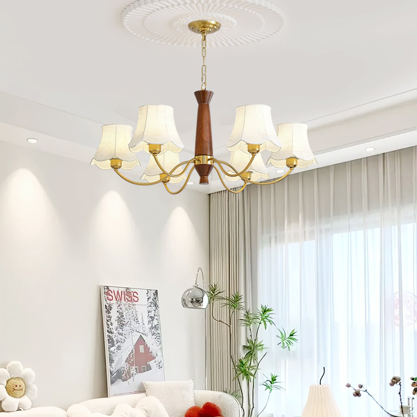 Kaelith Chandelier Brass Fabric Curved Arms-Neutral Decor
