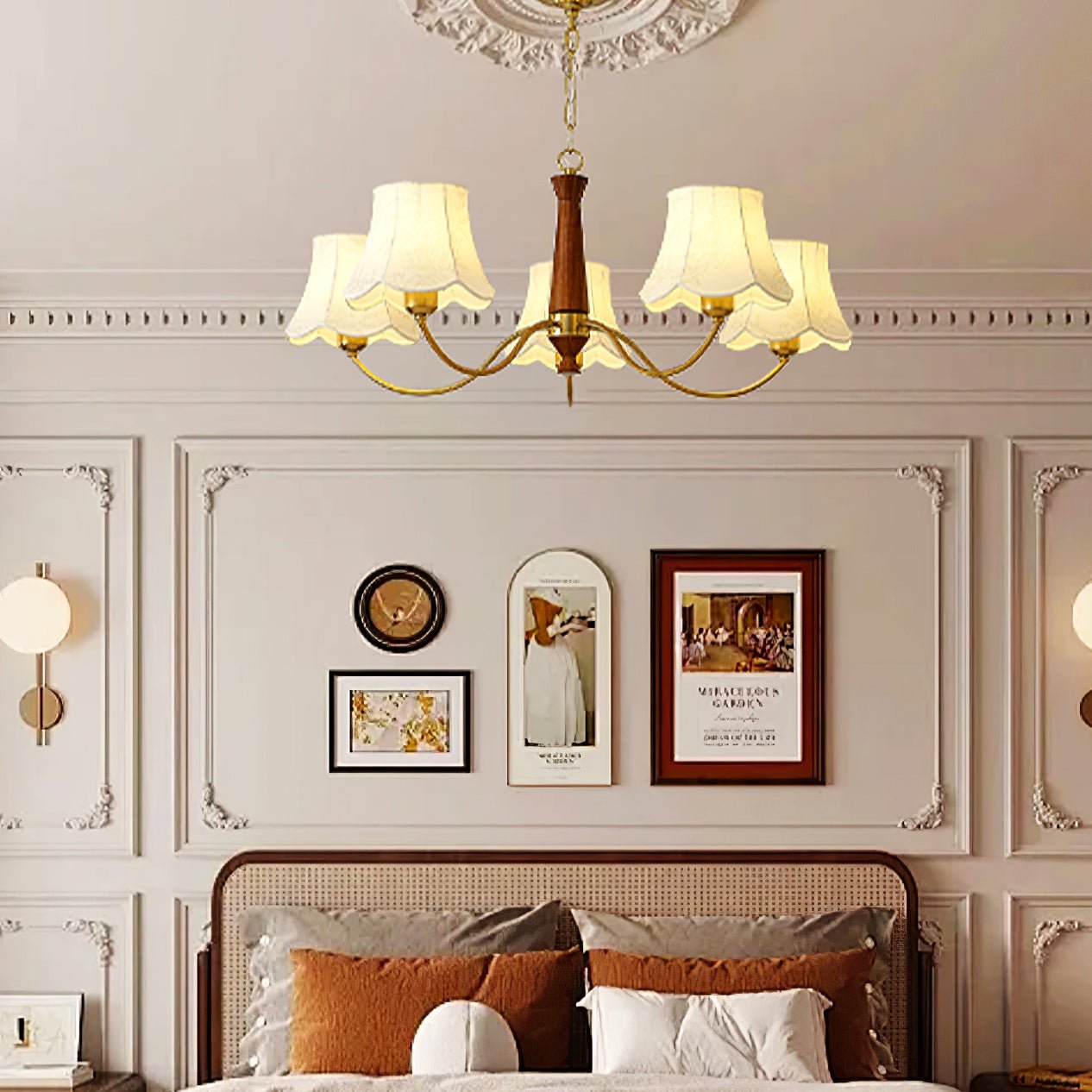 Kaelith Chandelier Brass Fabric Curved Arms-Neutral Decor
