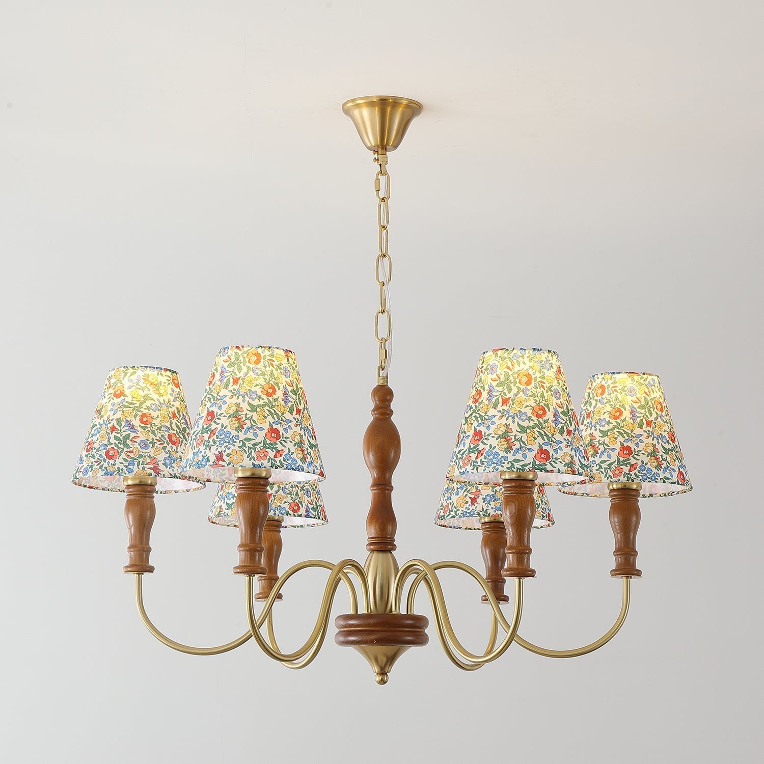 Florinda Floral Fabric Shade Chandelier with Wooden Arms