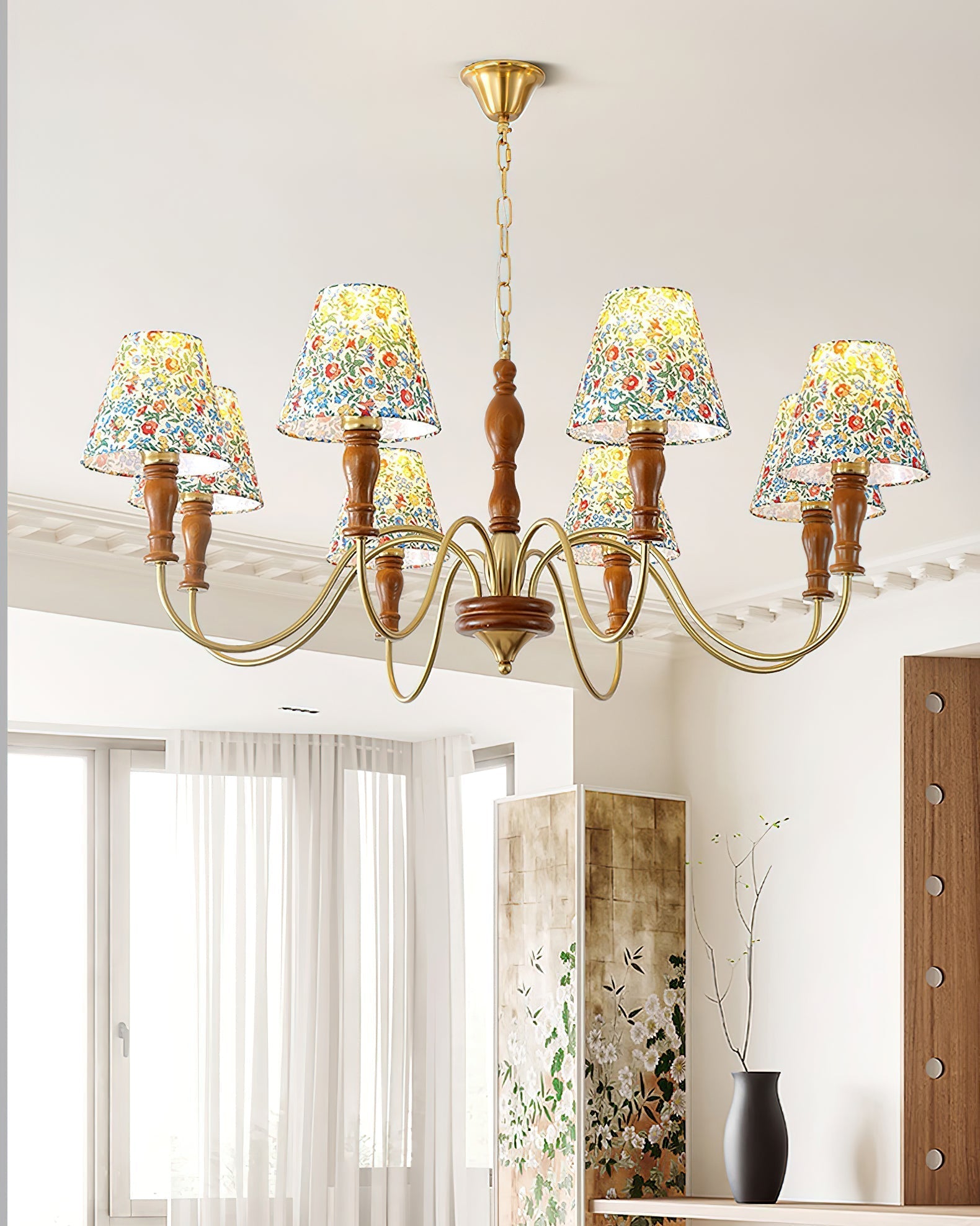 Florinda Floral Fabric Shade Chandelier with Wooden Arms