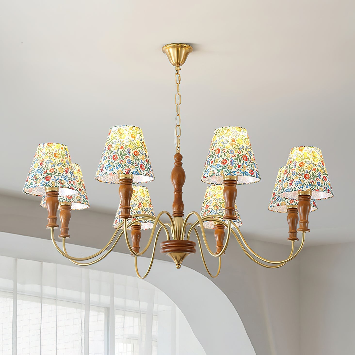 Florinda Floral Fabric Shade Chandelier with Wooden Arms