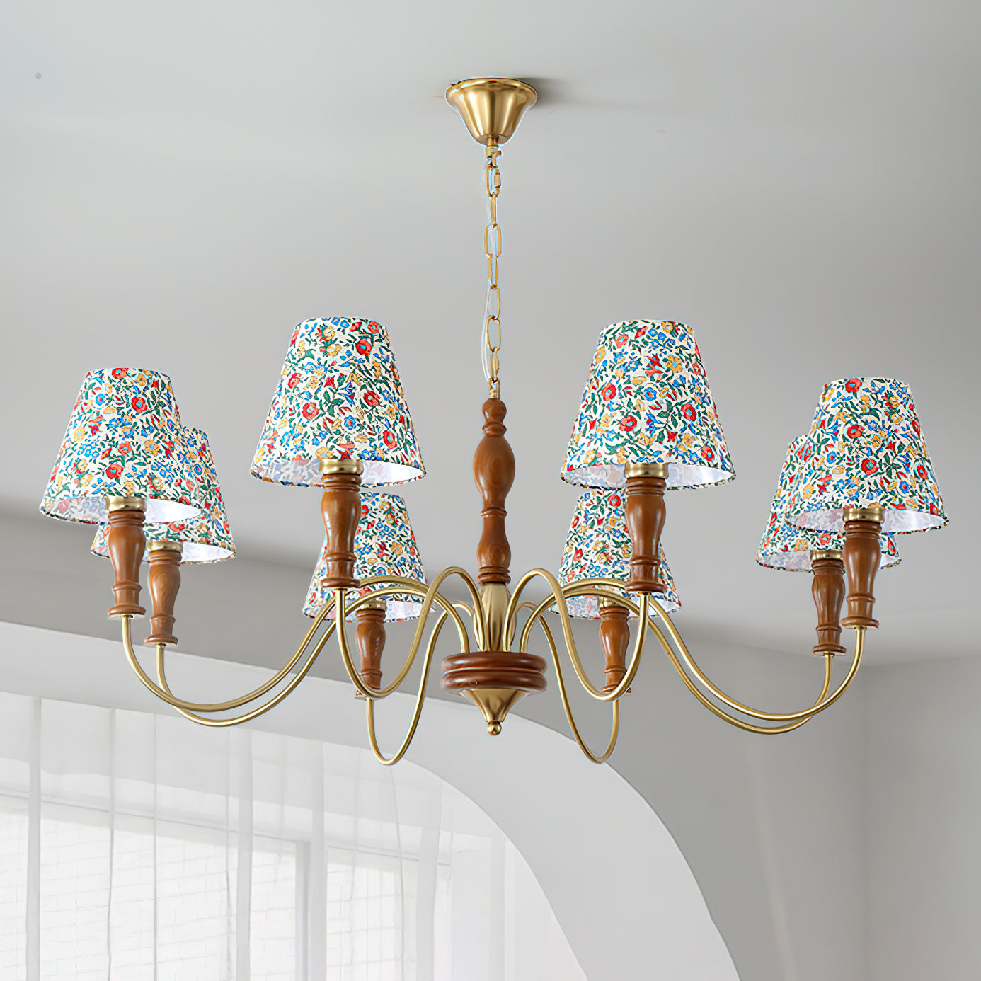 Florinda Floral Fabric Shade Chandelier with Wooden Arms