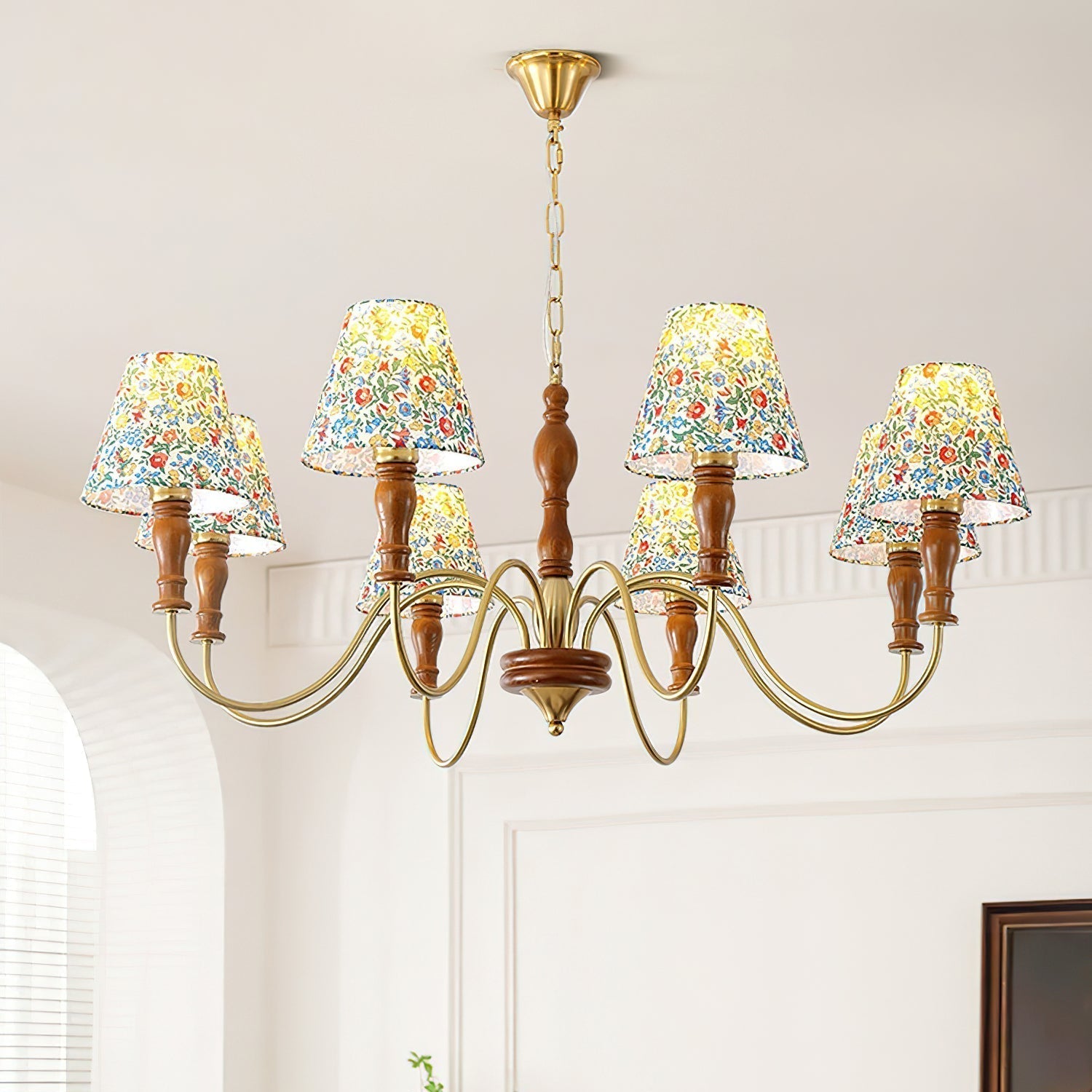 Florinda Floral Fabric Shade Chandelier with Wooden Arms