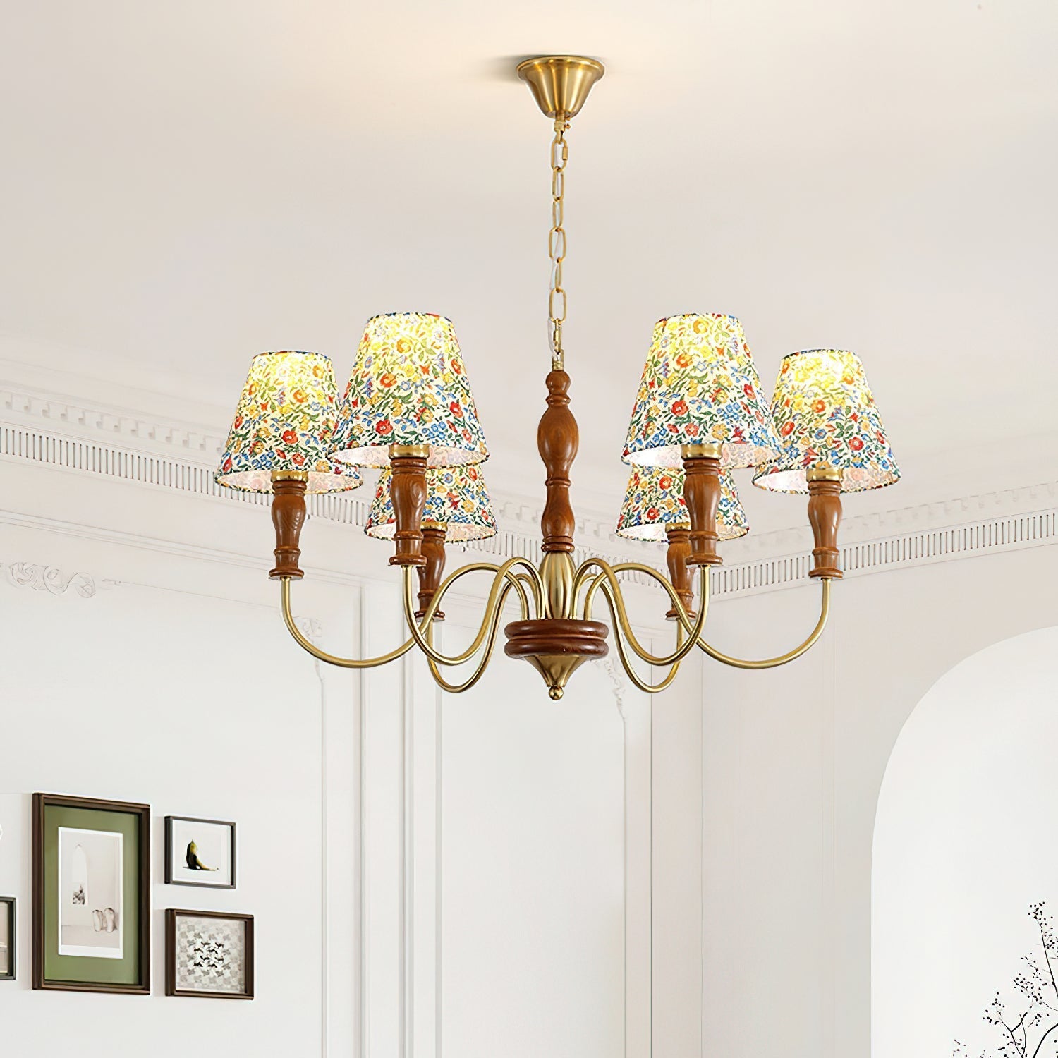 Florinda Floral Fabric Shade Chandelier with Wooden Arms