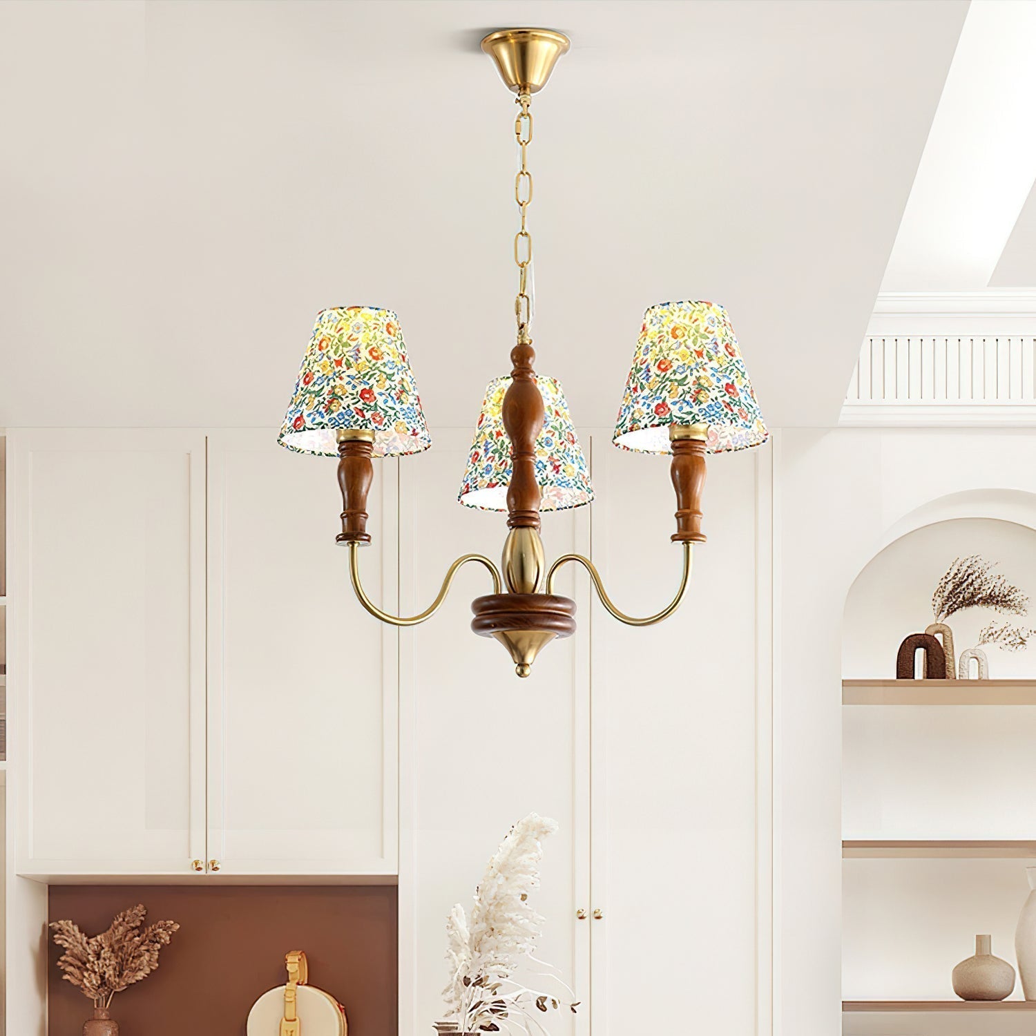 Florinda Floral Fabric Shade Chandelier with Wooden Arms