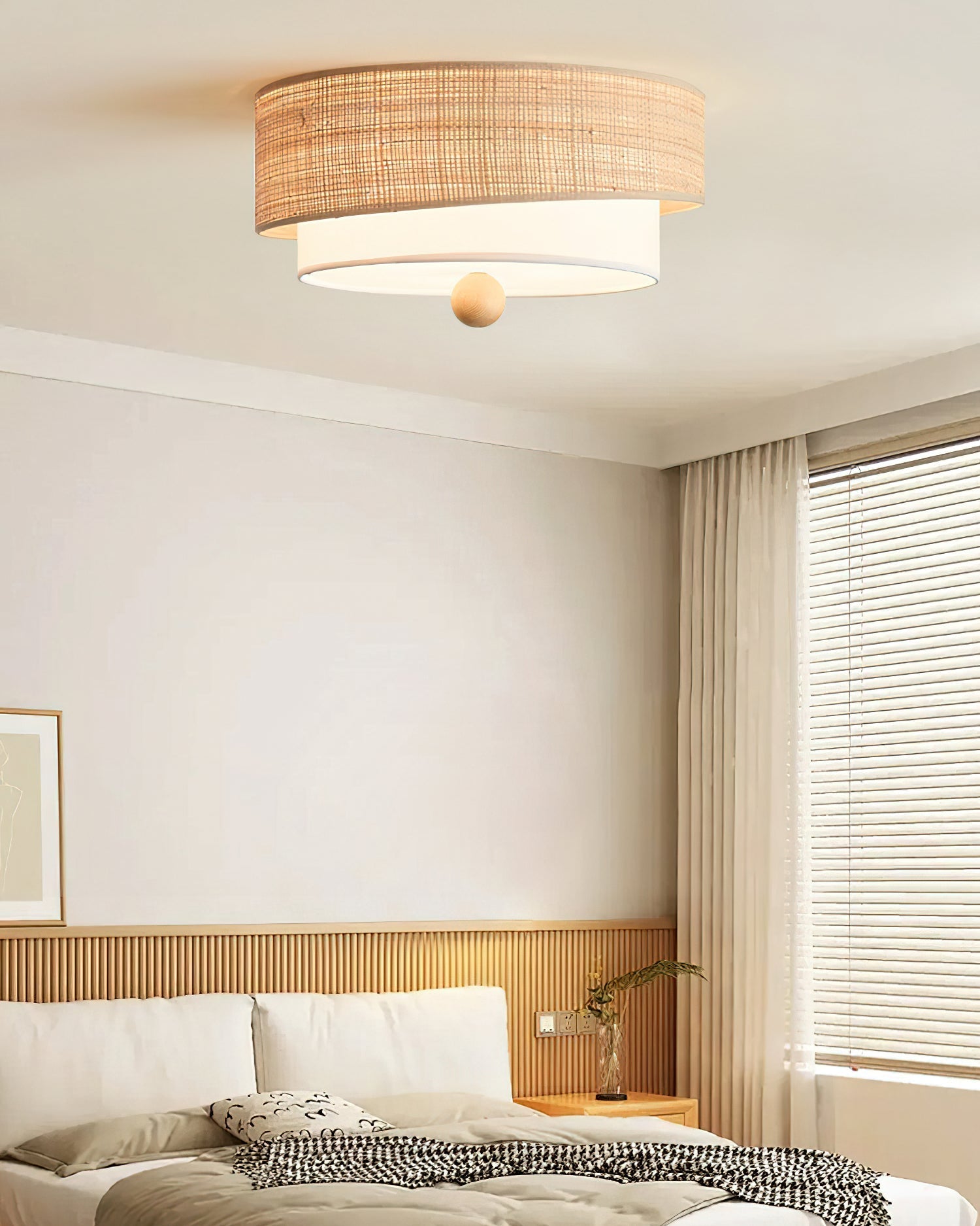 The light fixture unlit, showcasing its natural materials.