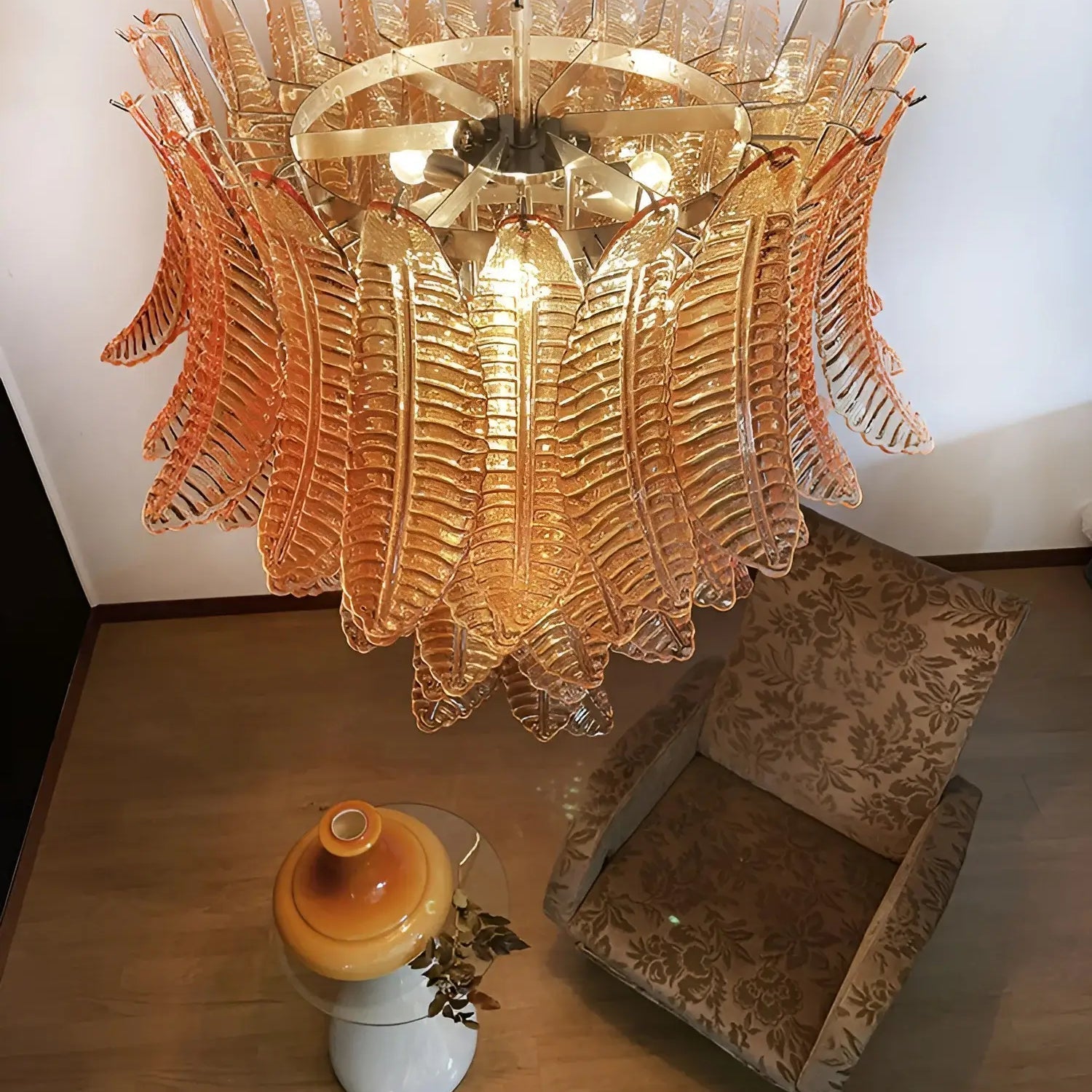 Aurora Chandelier Amber Murano Glass Leaves Layered-Neutral Decor