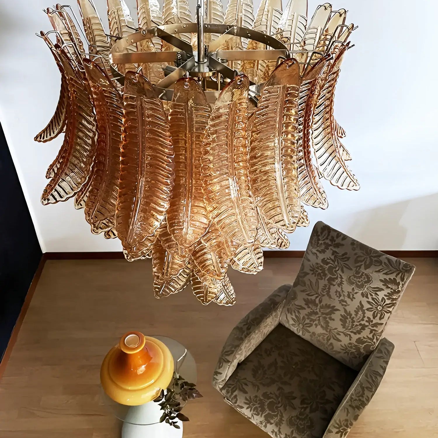 Aurora Chandelier Amber Murano Glass Leaves Layered-Neutral Decor