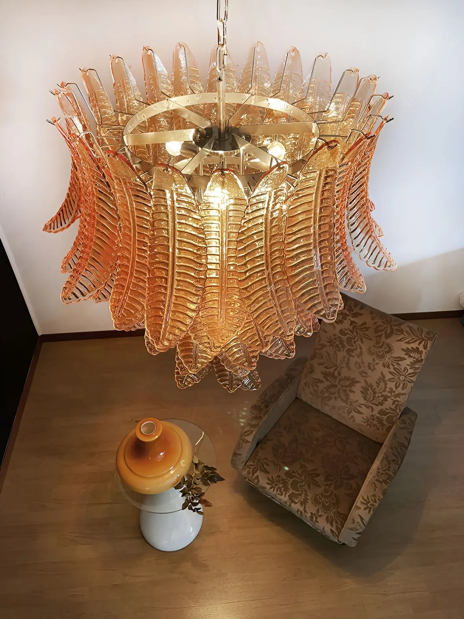 Aurora Chandelier Amber Murano Glass Leaves Layered-Neutral Decor