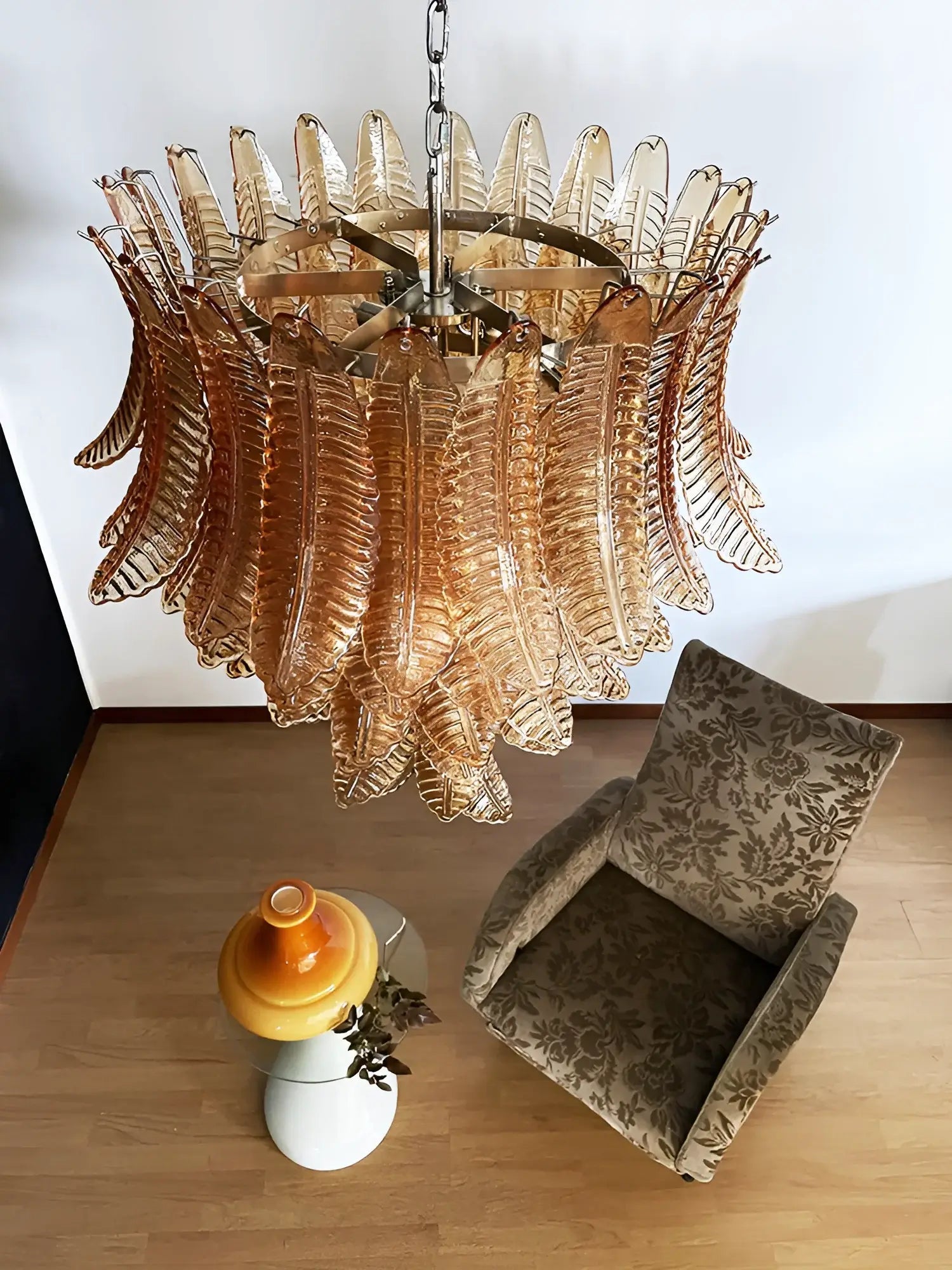 Aurora Chandelier Amber Murano Glass Leaves Layered-Neutral Decor