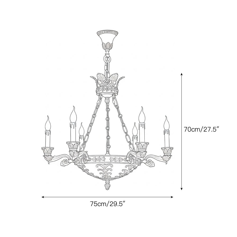 Close-up of the cast brass acanthus detailing on the chandelier's central bowl.