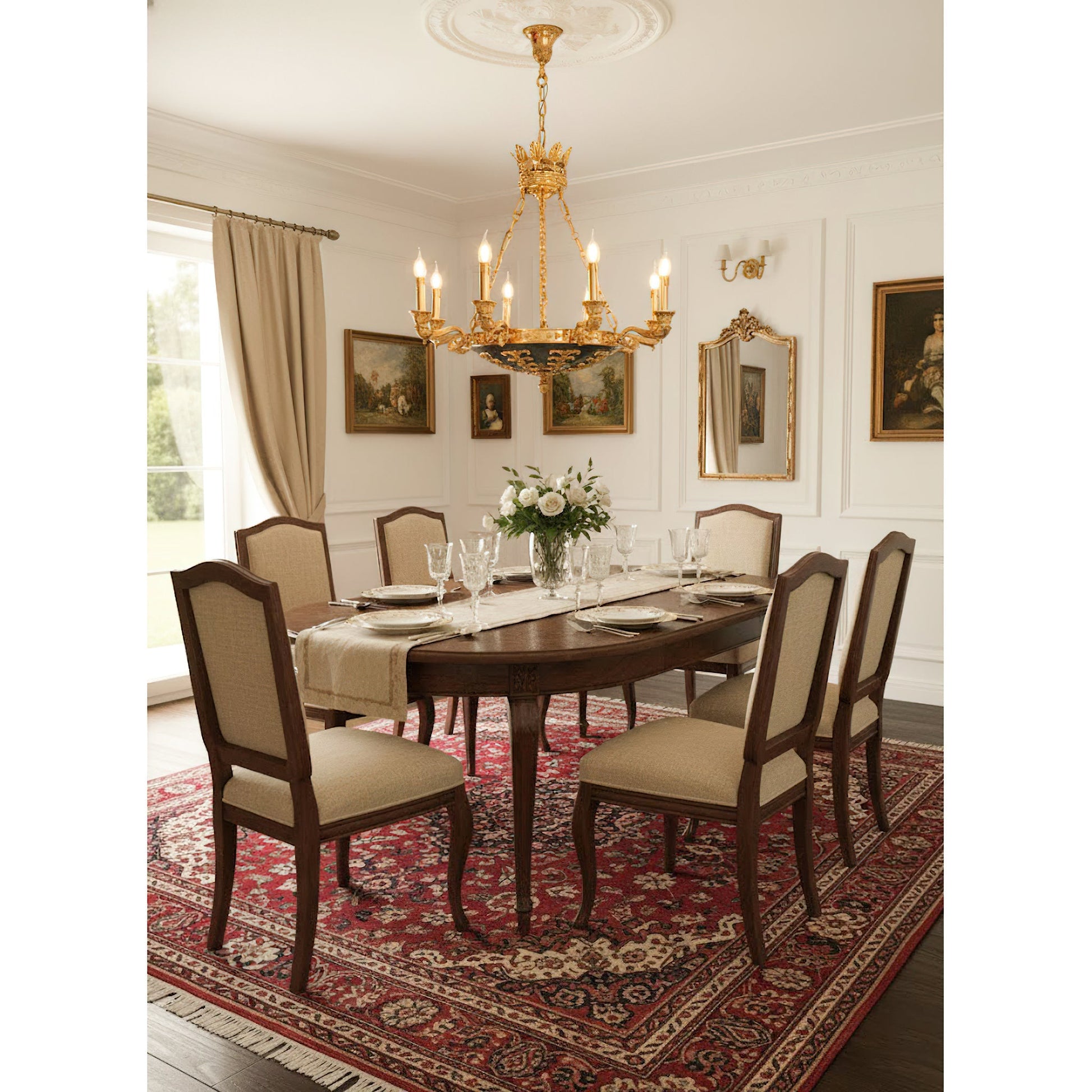 The 8-arm version of the Amelie Chandelier in a high-ceiling entryway.