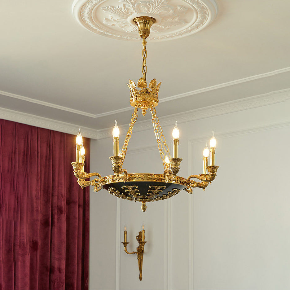 Angled view of the 8-arm Amelie Grand Chandelier in a brass and black finish.