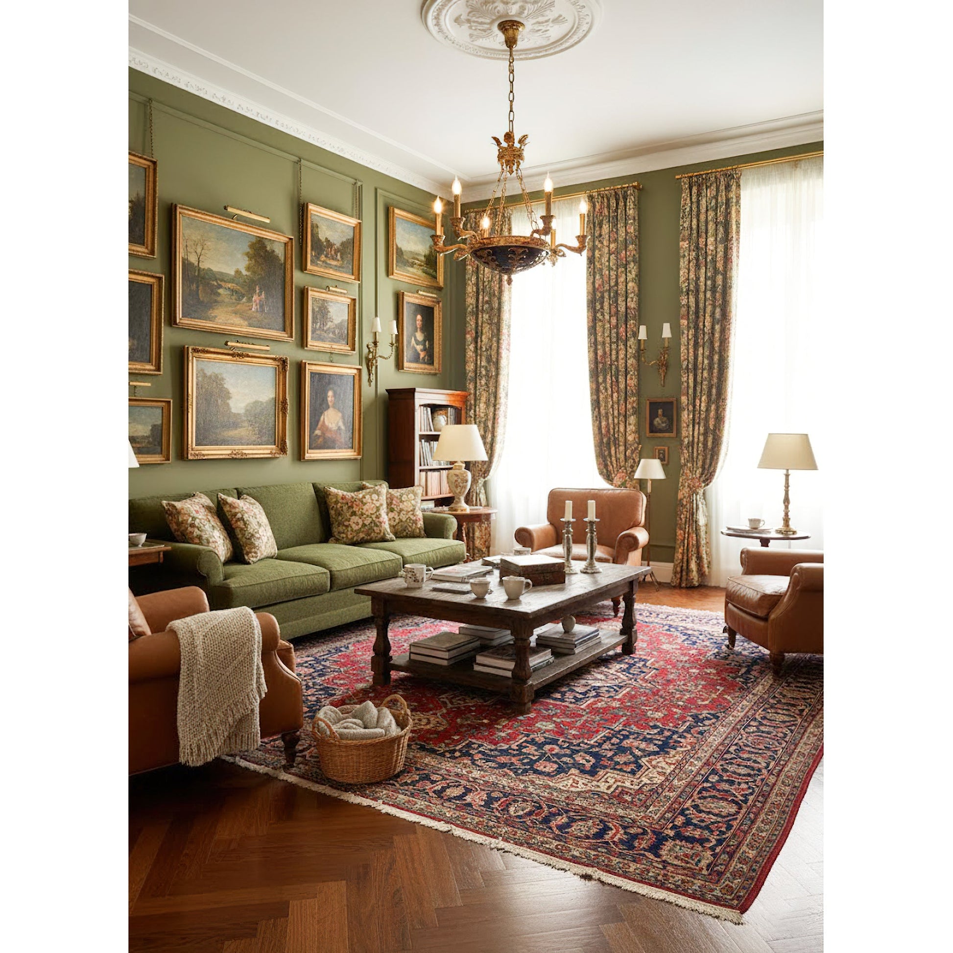 Lifestyle image showing the chandelier's warm glow in a living room.