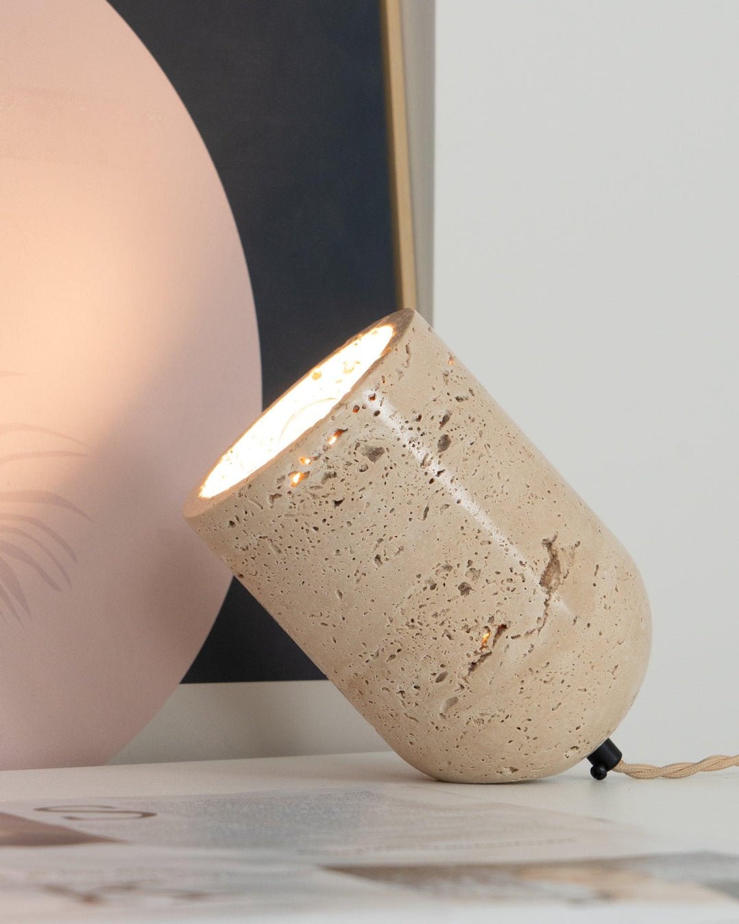 Deloz Tapered Block Travertine Table Lamp-Neutral Decor