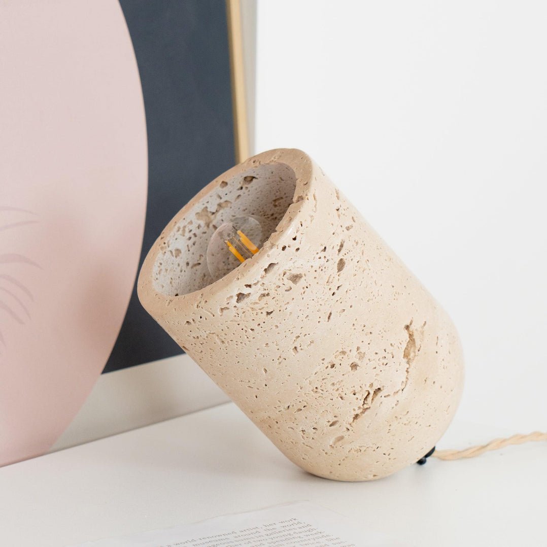 Deloz Tapered Block Travertine Table Lamp-Neutral Decor