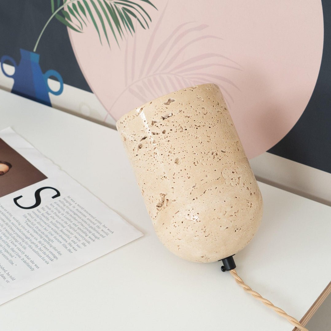 Deloz Tapered Block Travertine Table Lamp-Neutral Decor