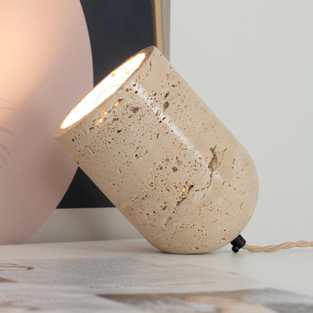 Deloz Tapered Block Travertine Table Lamp-Neutral Decor