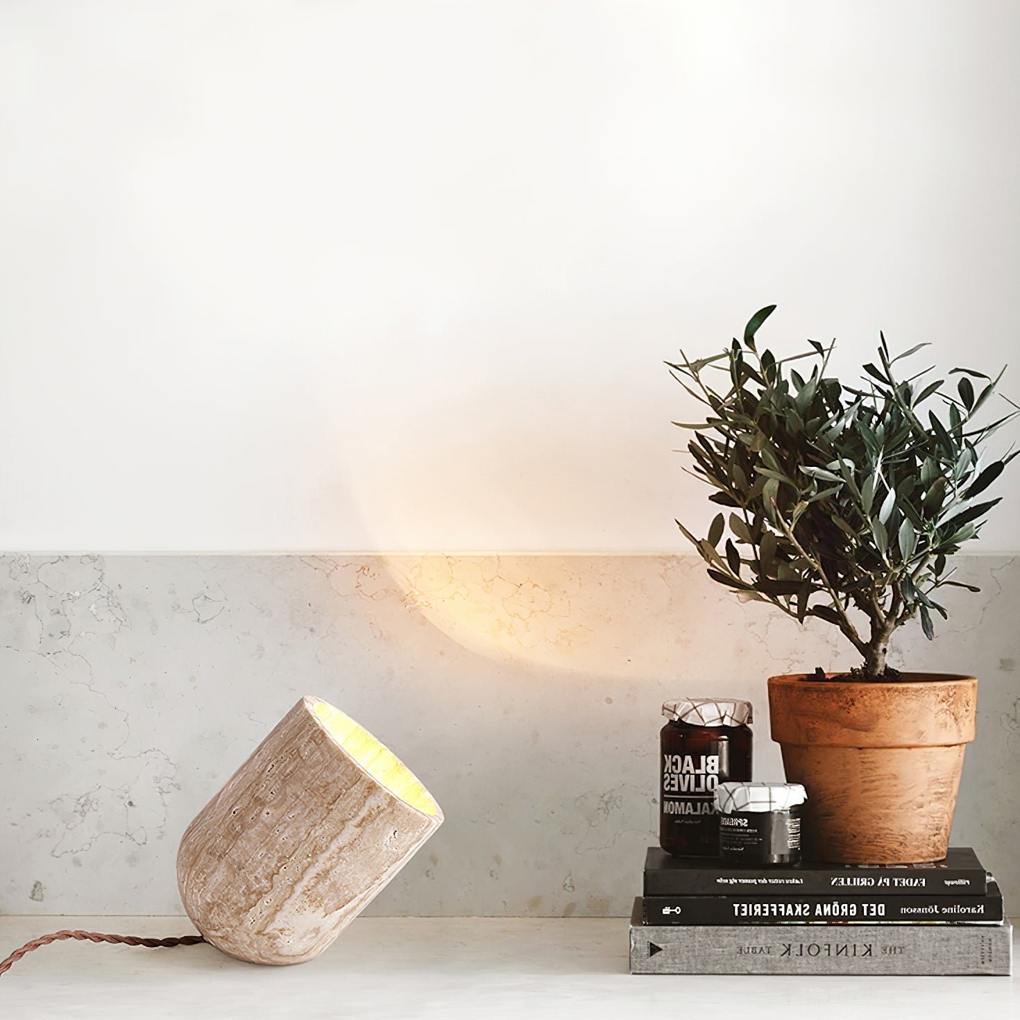 Deloz Tapered Block Travertine Table Lamp-Neutral Decor