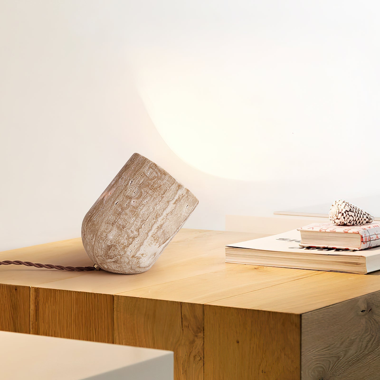 Deloz Tapered Block Travertine Table Lamp-Neutral Decor