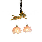 Angel Glass Pendant Lamp with golden cherub and pink lotus shades.