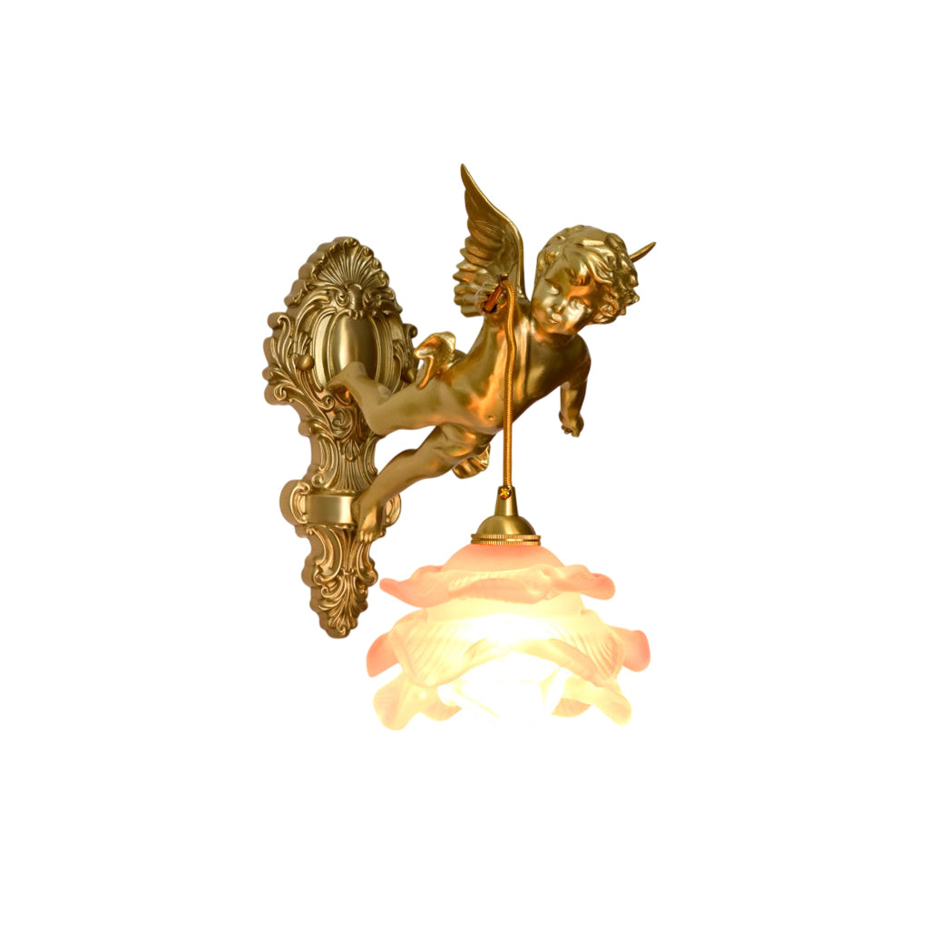 Angel Glass Wall Lamp with golden cherub and pink rose-shaped shade.